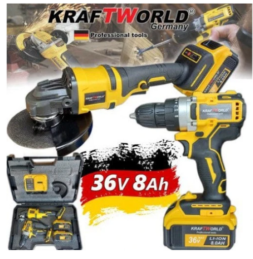 Немски акумулаторни ударен винтоверт и безчетков ъглошлайф kraftworld 36v,8ah