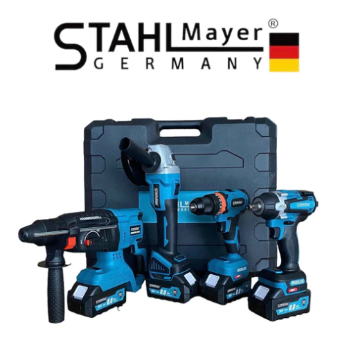 Комплект Немски Акумулаторни Безчеткови Машини 4в1 STAHLMAYER 38V 10Ah Ъглошлайф,Гайковерт,Винтоверт и Перфоратор