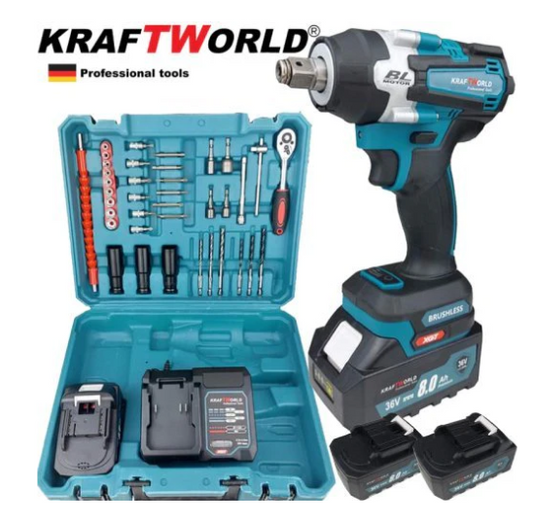 Акумулаторен Ударен Гайковерт KRAFT WORLD 36V,8Ah + 35 Части Бонус